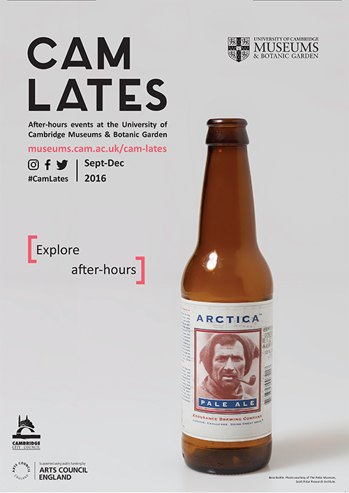 Cam Lates poster with the caption "explore after hours". It features a brown beer bottle on a grey background. The bottle's label reads "Arctica Pale Ale" and has a picture of a polar explorer.