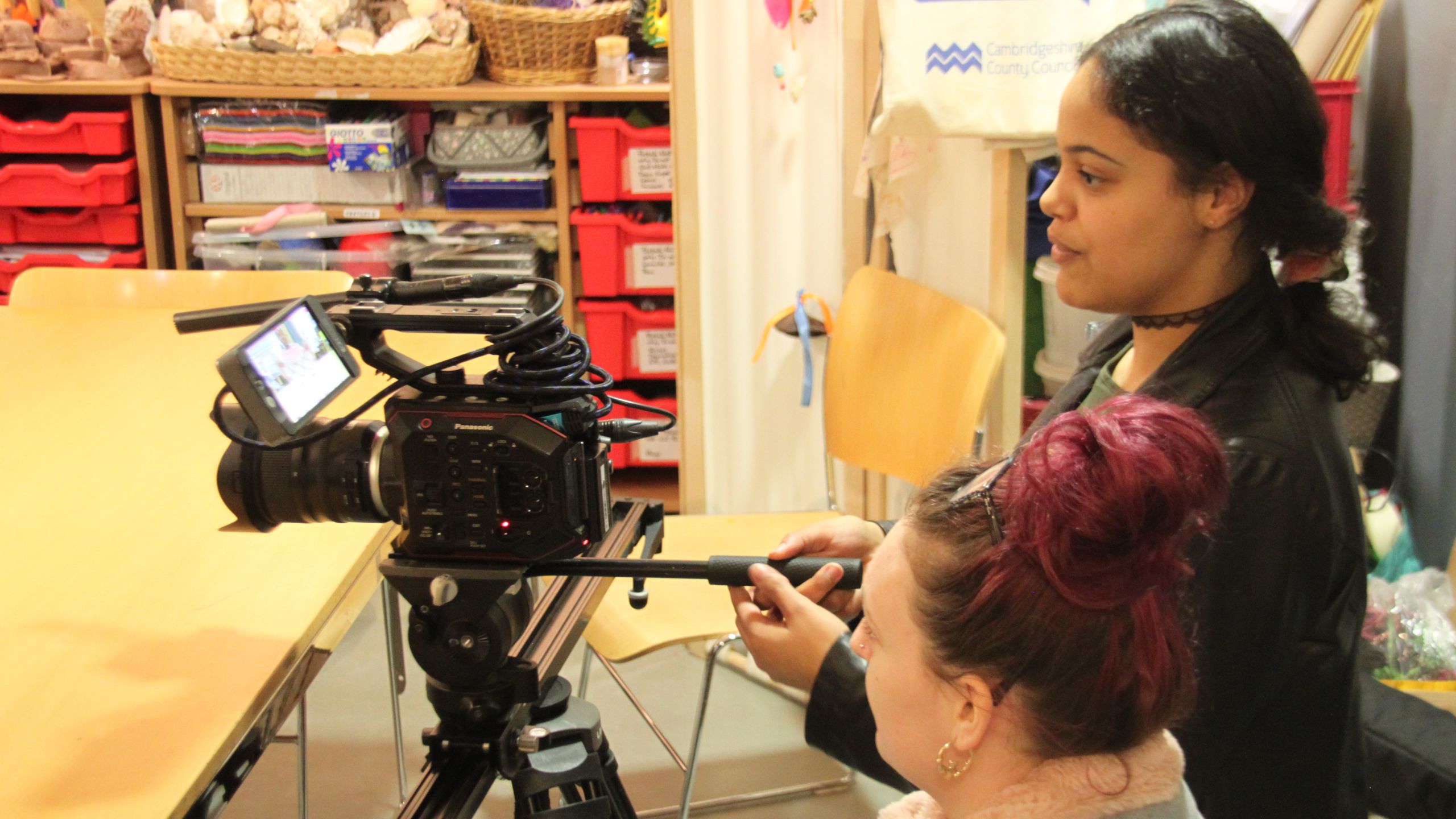 Two young mums record footage for their film