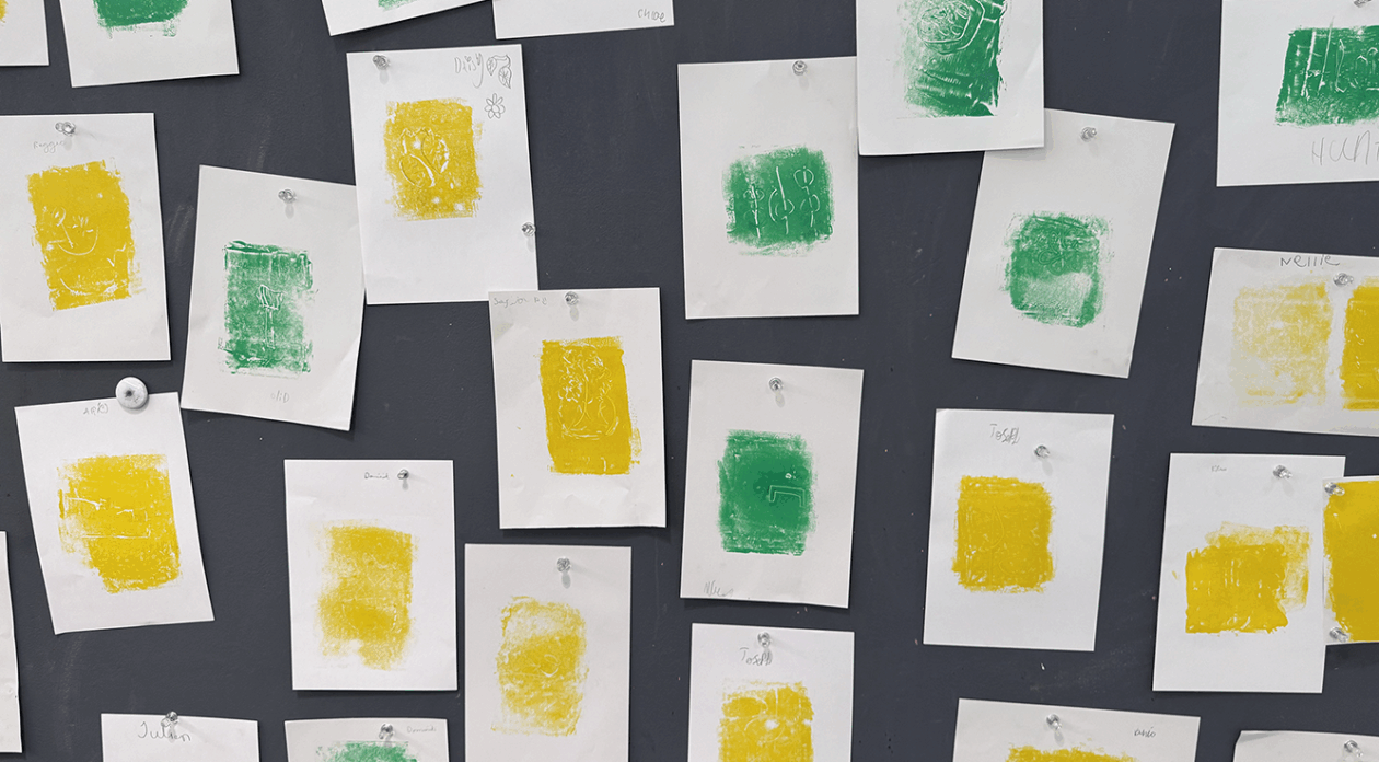 A wall filled with pinned up A4 prints made by school children at Kettle's Yard.