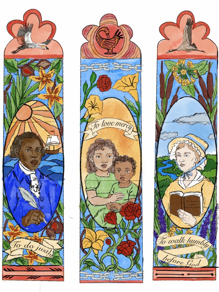 A draft illustrated design of three tall thin windows showing the Equiano family.