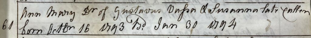 The handwritten record of birth and baptism of Anna Maria (‘Ann Mary’) Vassa in ‘Soham, St Andrew’s Parish Church, Composite Register, 1788–1812’, under ‘Baptisms’, entry no. 61, under 30 January 1794.
