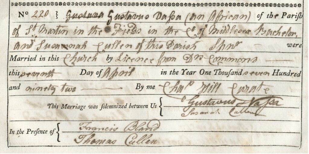 Handwritten document showing the marriage registration of Gustavus Vassa (aka Olaudah Equiano) and Susannah Cullen at St Andrew’s Parish Church, Soham, 7 April 1792.