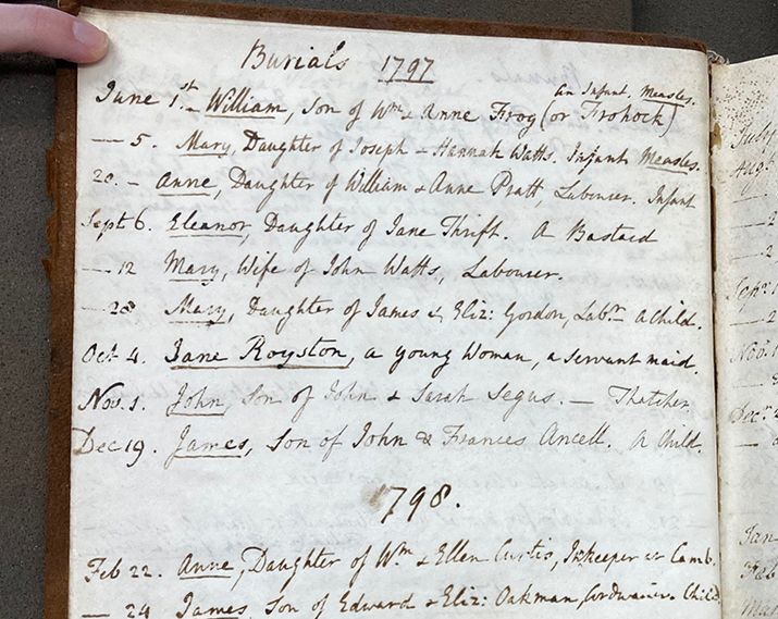 The handwritten burial register for St Andrew Parish Church for the second half of 1797 revealing a gap in records between 20 June and 6 September.