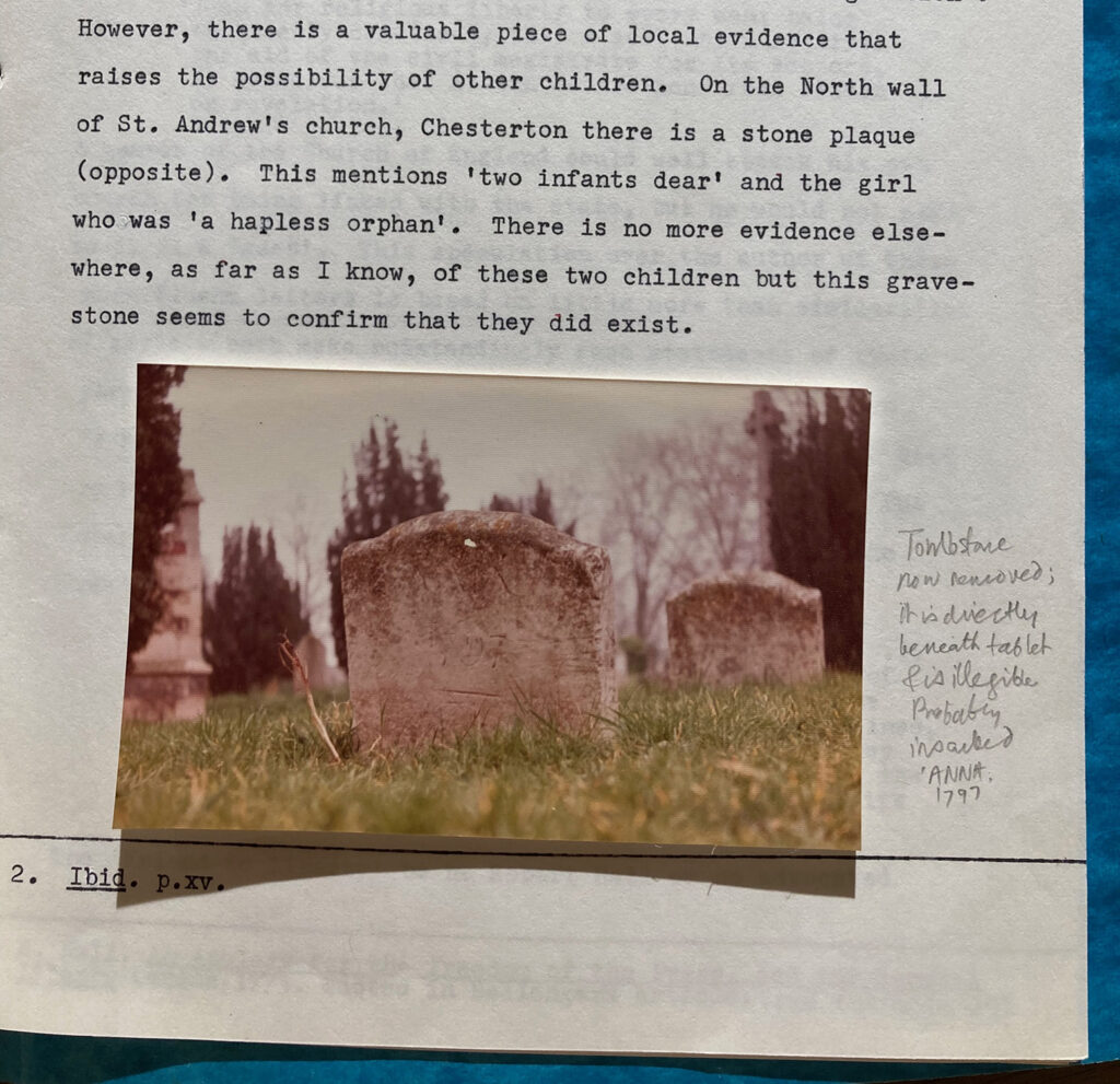 The bottom of a typewriter written essay including the final paragraph, and a photograph and caption of the gravestone.