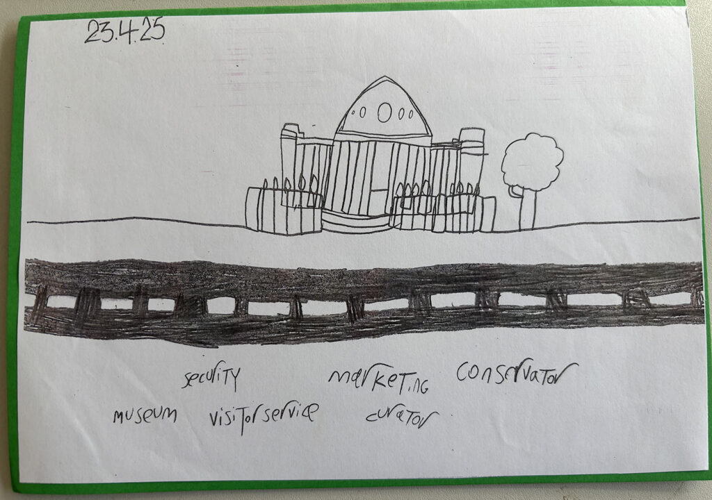 Hand drawn sketch of Fitzwilliam Museum with job titles listed below: security, marketing, conservator, museum visitor service and curator.