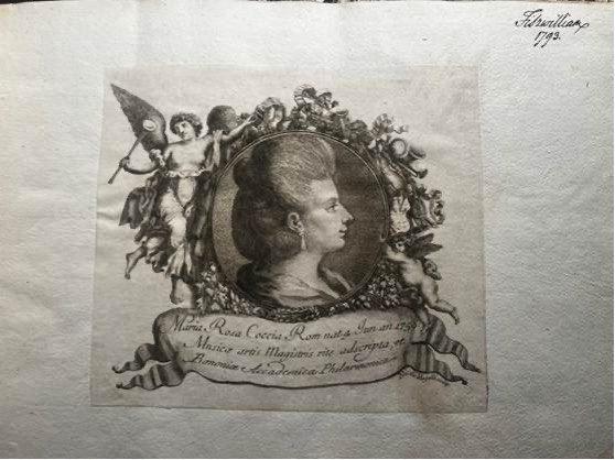 A black and white illustration of the bust of a young woman surrounded by a wreath of cherubs.