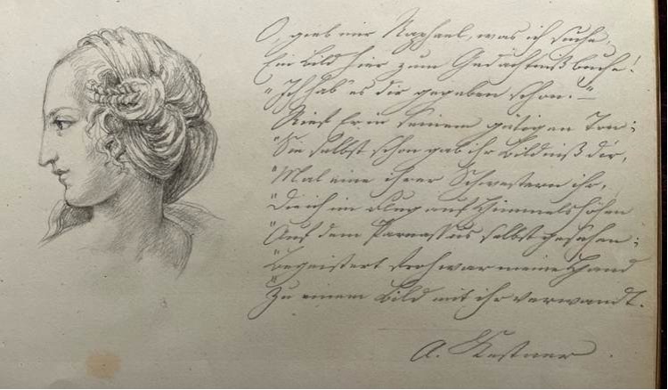 An illustration of a woman's side profile alongside a paragraph of handwritten text.