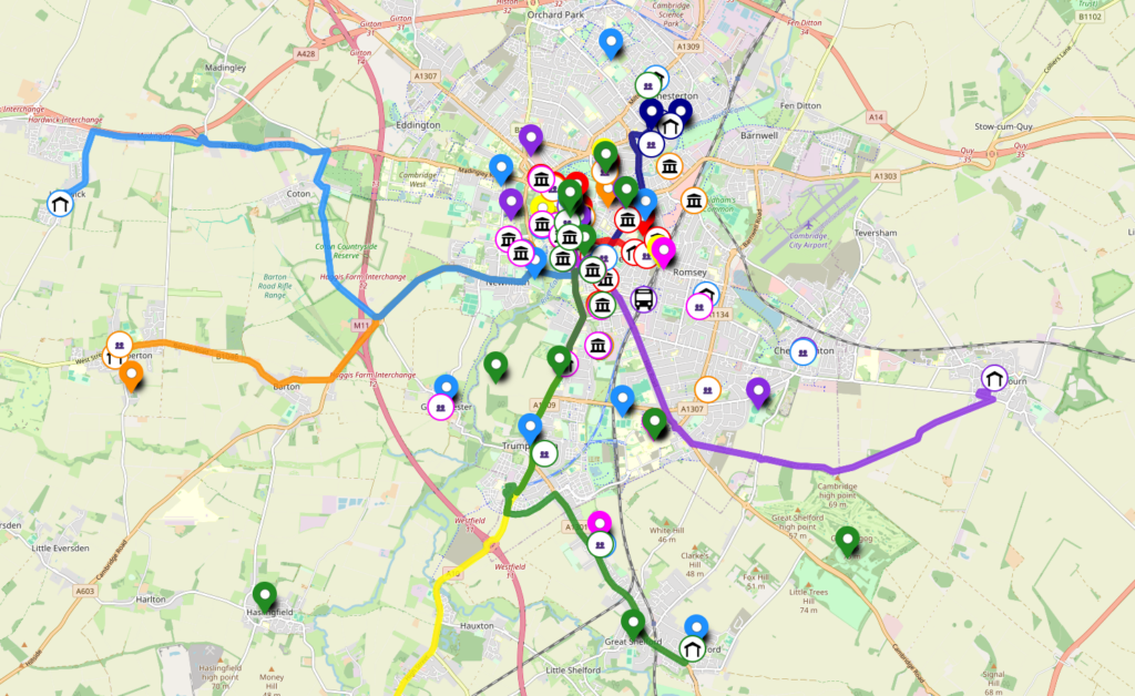 A screenshot of a map of Cambridge with lots of different coloured lines showing people's journey into the city.