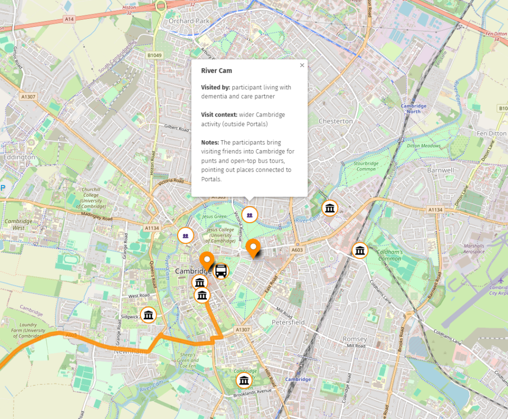 A screenshot of a map of Cambridge highlighting the River Cam as a destination.