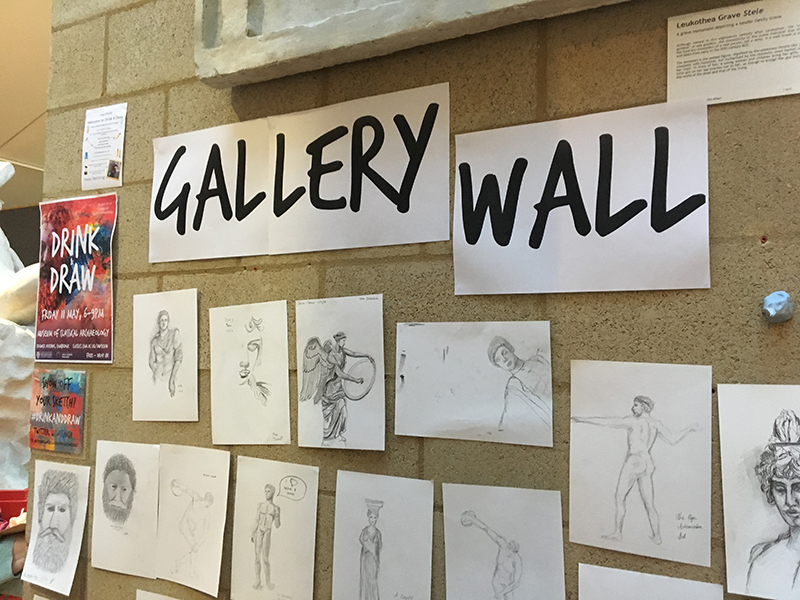 Gallery wall in the Museum of Classical Archaeology, with sketches pinned up