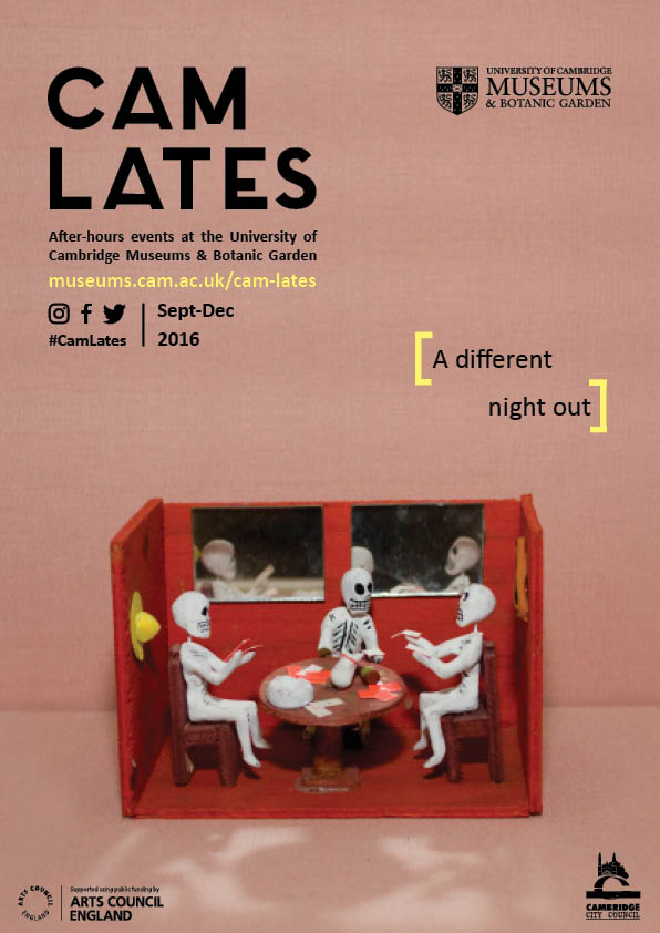 Cam Lates poster, with the caption "a different night out". The poster has a plain pink background, and in the foreground is a model room with red walls, where three skeletons play cards