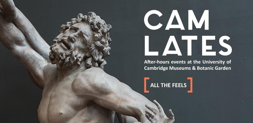 web banner for Cam Lates with a grey background and the caption "all the feels". The classical sculpture of Laocoon with a tragic, dramatic face and outstretched arms.