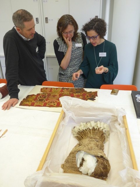 Fig. 2: Chris Wingfield (Cambridge), Malika Kraamer (Leicester), and Beatriz Marín-Aguilera (Cambridge) discussing a Peruvian textile.