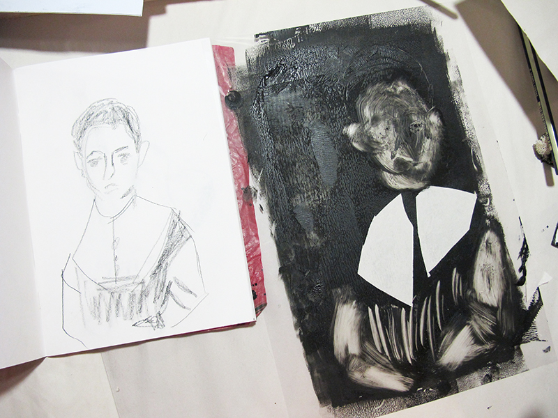 A print and sketch side by side