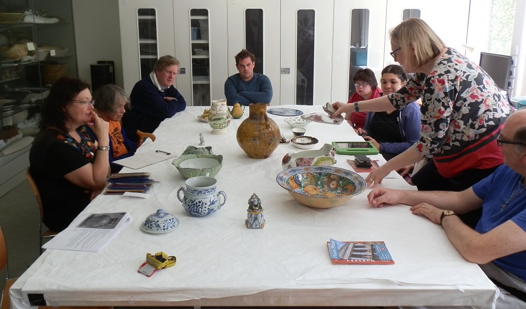 Ali, Jenny, Peter, Frank, Emma, Abi, me, and Mark (from left to right) having a look at how the two-part Chelsea rabbit tureen functions, with the ears and back forming a removable lid