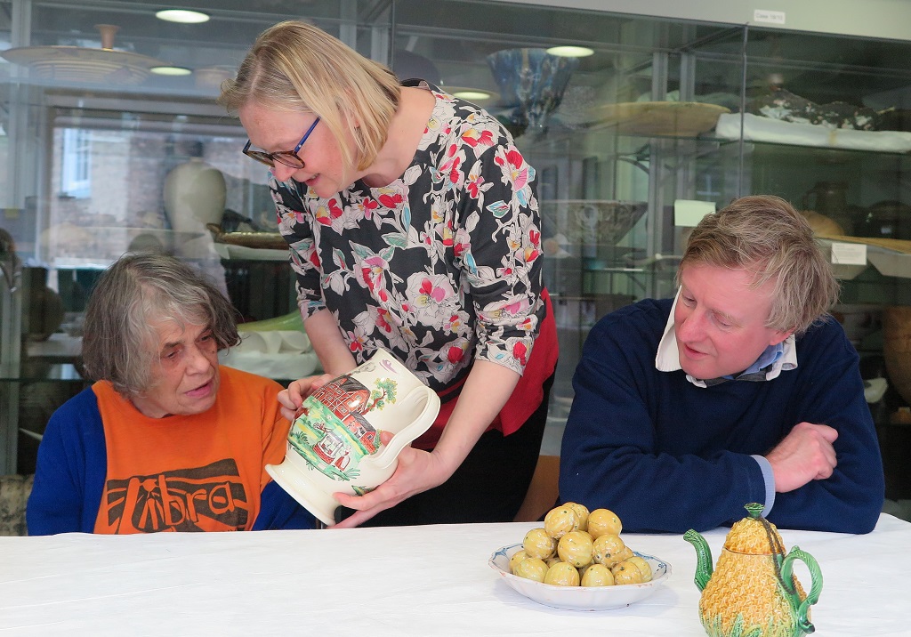 Jenny and I looking at the jug with a farmyard scene while Peter considers the plate of trompe l’oeil yellow plums and how it would have been used to amuse guests during dessert