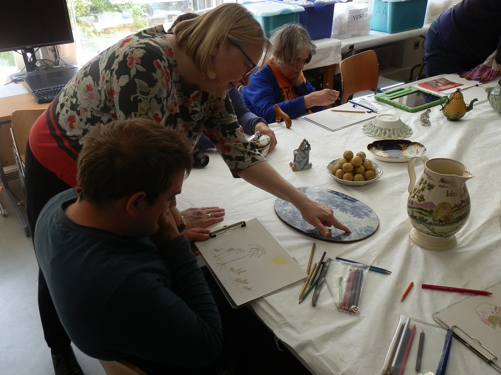 Frank and I discussing his colourful interpretation of the Delftware coney plaque, with Jenny drawing the underside of the Worcester porcelain basket with pierced sides