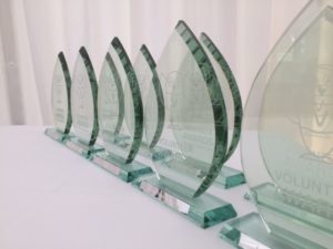 SHARE East Volunteer Awards glass trophies in a line