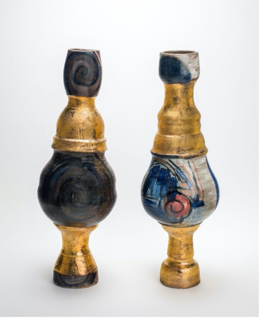 Photo of the Candy Lady pair which is Stoneware, thrown, painted and stained, with gold lustre