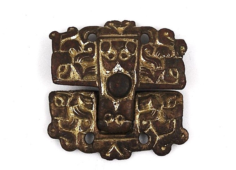 Pair of square, gilded Anglo-Saxon wrist clasps