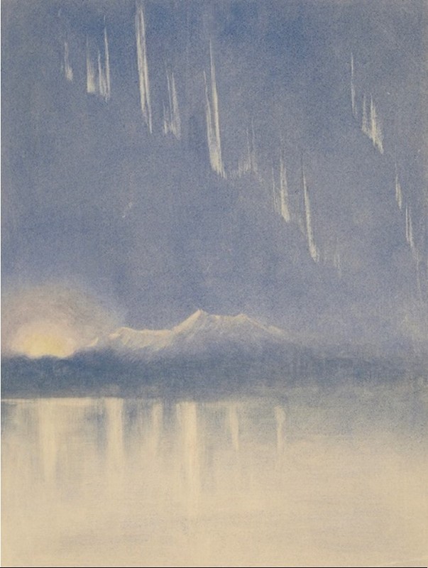 Painting of Aurora and sunset seen across McMurdo Sound from Hut Point