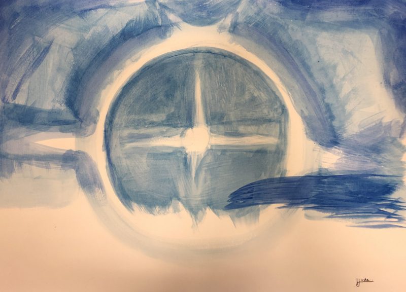 Student artwork; abstract blue and white watercolour