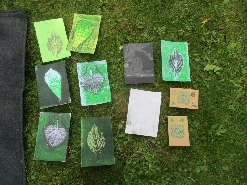 A selection of 4 leaf print pictures displayed on the grass