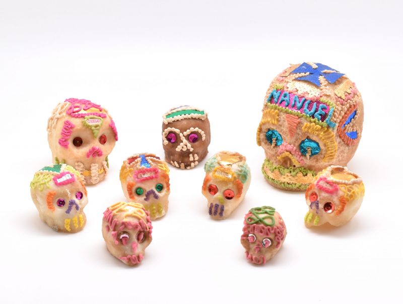 A group of Calver de Azucar (sugar skulls) used as part of the Day of the Dead celebrations and collected by Kristin Norget