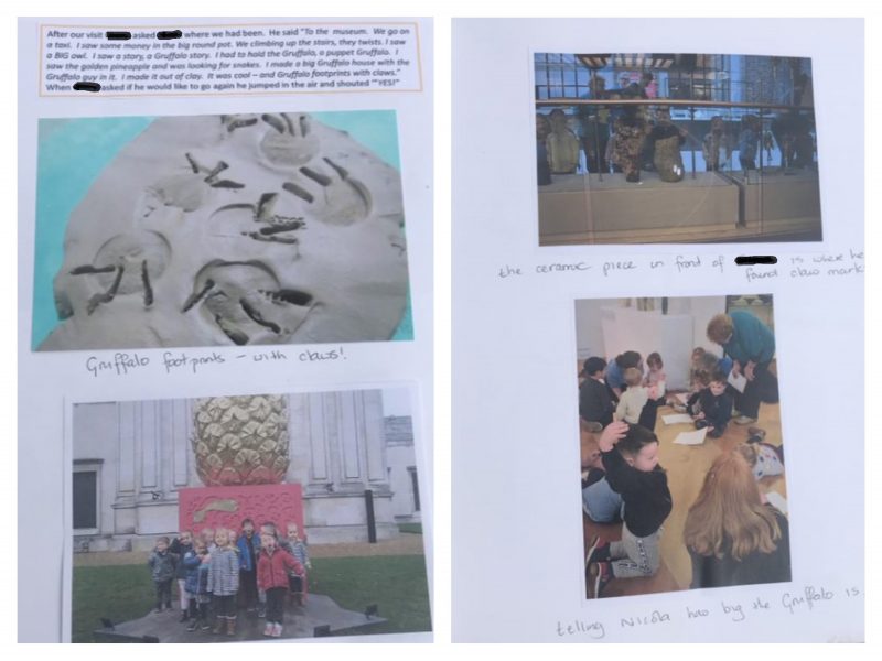 Pages from a sketchbook showing photographs of children's visits to the Museum and their artmaking in clay