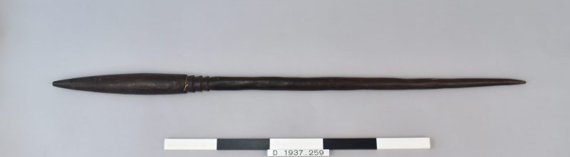 A narrow, ebony throwing stick photographed alongside a black and white measuring stick.