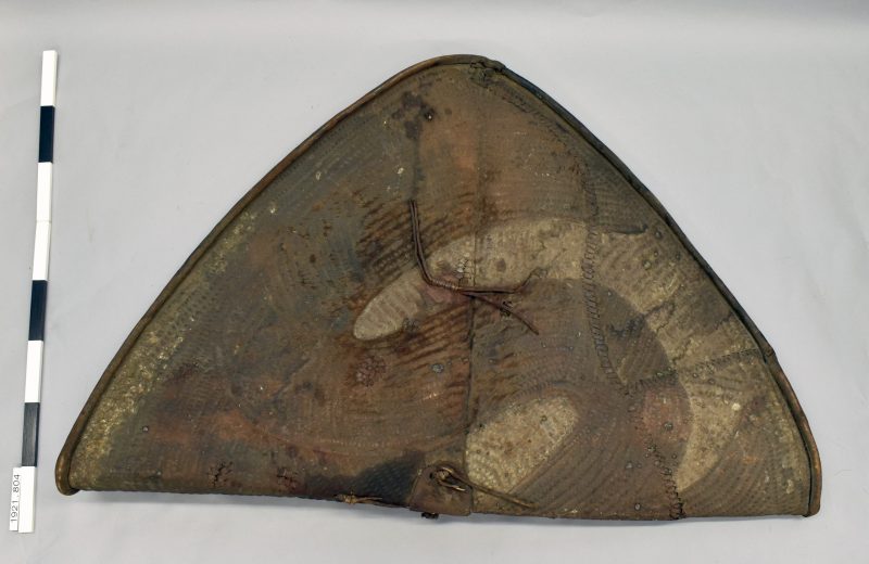 Hide shield from Uganda showing battle scratches and scars. 
