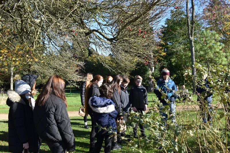 Group of young people wearing jackets stand surrounded by trees on a bright sunny day