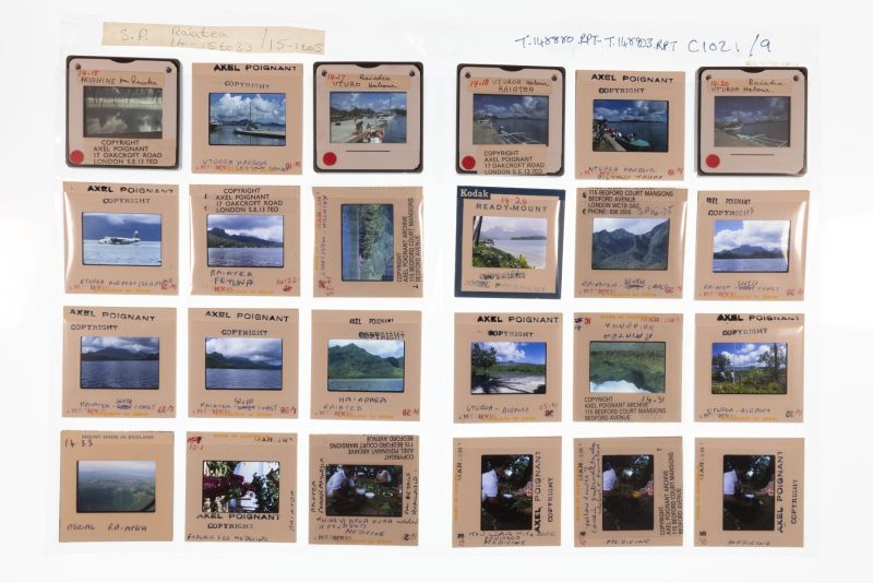 Set of 18 small coloured transparencies depicting island scenes
