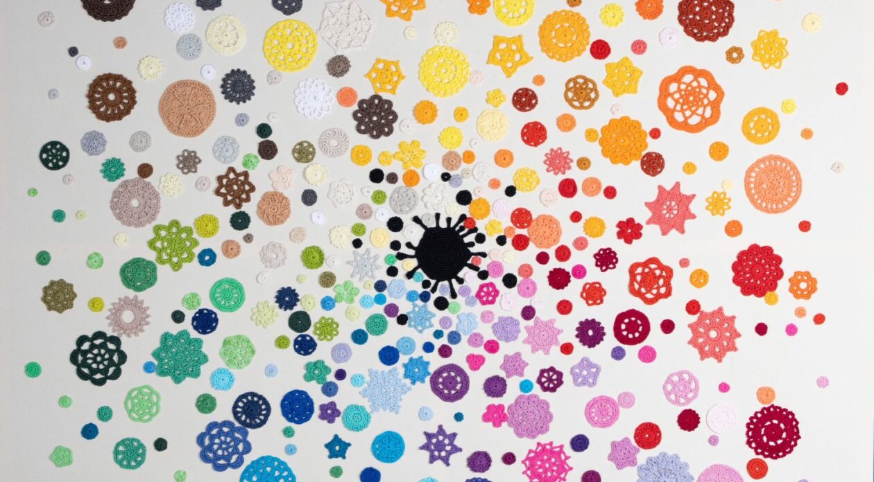 display of circular crocheted disks in a myriad of colours