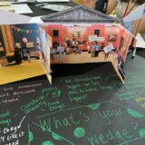Paper model of a museum standing on a table featuring comments written by participants