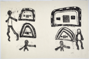 Black and white print of indigenous people with caravans and tents at Schmidtsdrift