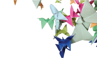 A swathe of brightly coloured, paper origami butterflies, of different sizes, on a white background.