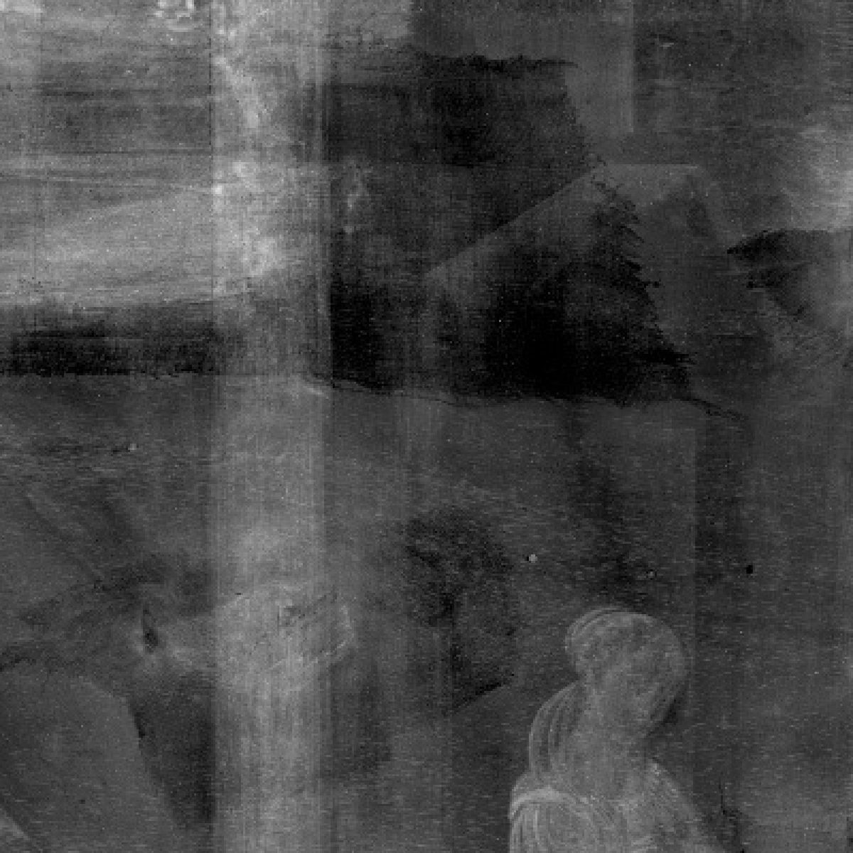 Section of x-ray of Cupid & Psyche showing some canvas, the painting is lightly visible