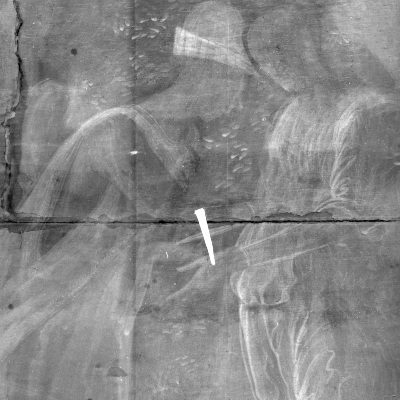 A section of an x-ray of Cupid & Psyche that shows a nail in white across two boards of wood. The painting is lightly visible.