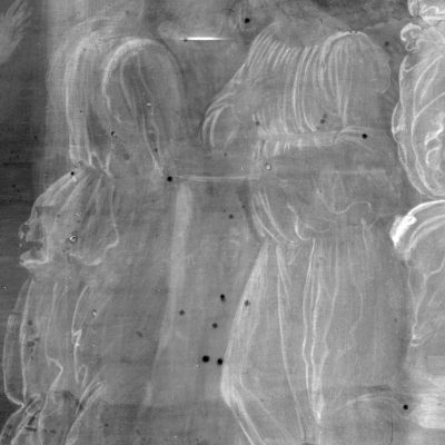 Section of x-ray of Cupid & Psyche showing some wormholes - they are small black holes against the painting which is faintly visible in a lighter grey.