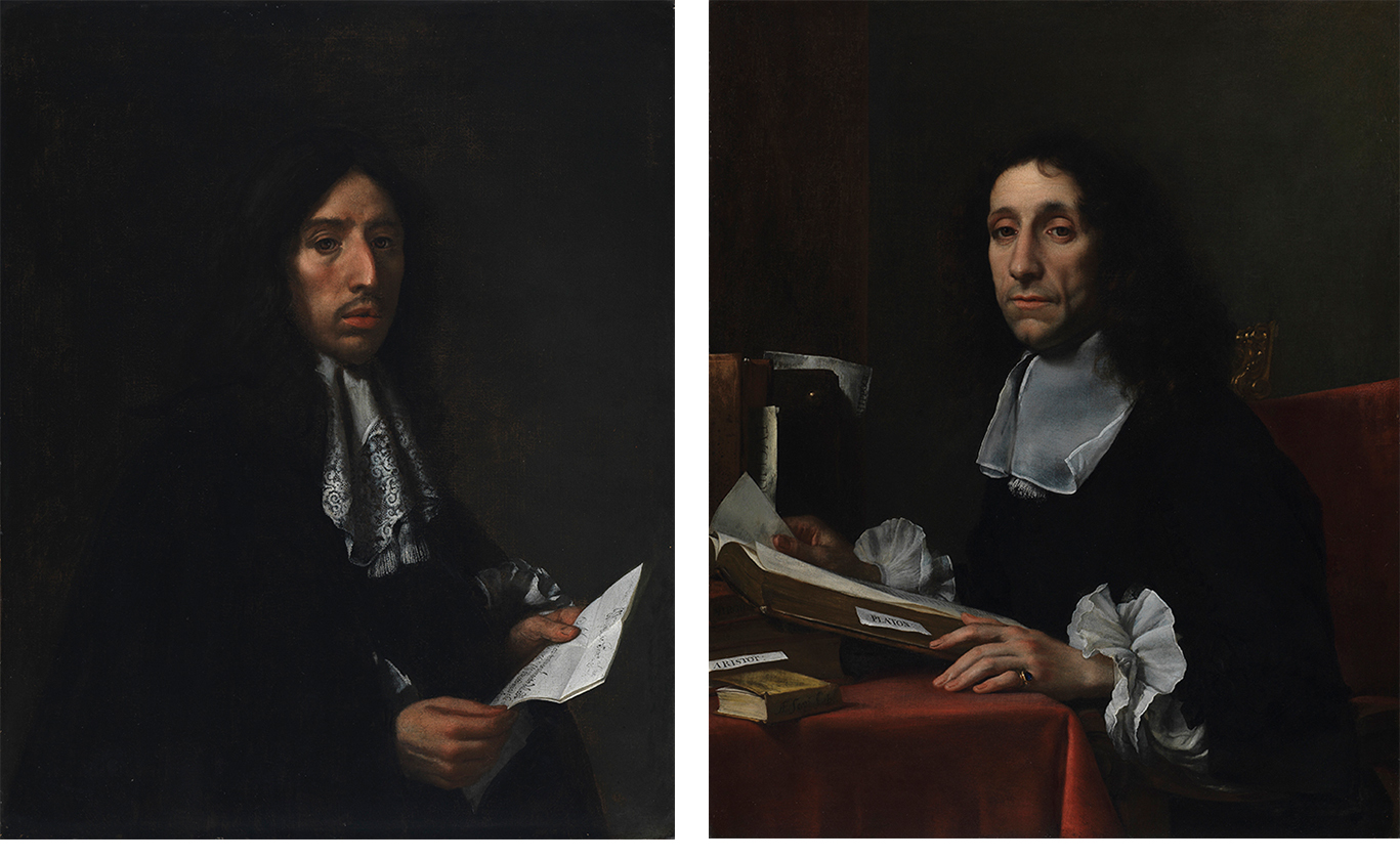 Portraits of Sir John Finch and Sir Thomas Baines side by side, with Finch on the left. Sir John Finch is posed facing right, but turned towards the viewer. It’s a dark painting, with his long curly black hair and dark gown offset by his face and white lace collar and cuffs. He looks up, interrupted while reading a long letter (there are two sheets of paper) held in both hands. He has a long nose, straight eyebrows, dark eyes, and a moustache, and looks serious. Sir Thomas Baines is posed facing left, but turned towards the viewer. He is sitting at a desk, covered with a red tablecloth. His square, plain, but very delicate white collar and frilled cuffs draw the attention. Books rest on the desk, with a volume of Plato visible. A large volume is open in front of him, with a tab for notes. His left hand, which rests on the table by the open book, has fine long fingers and wears a ring. He has shoulder-length curly dark hair, heavy-lidded eyes, and is half-smiling.