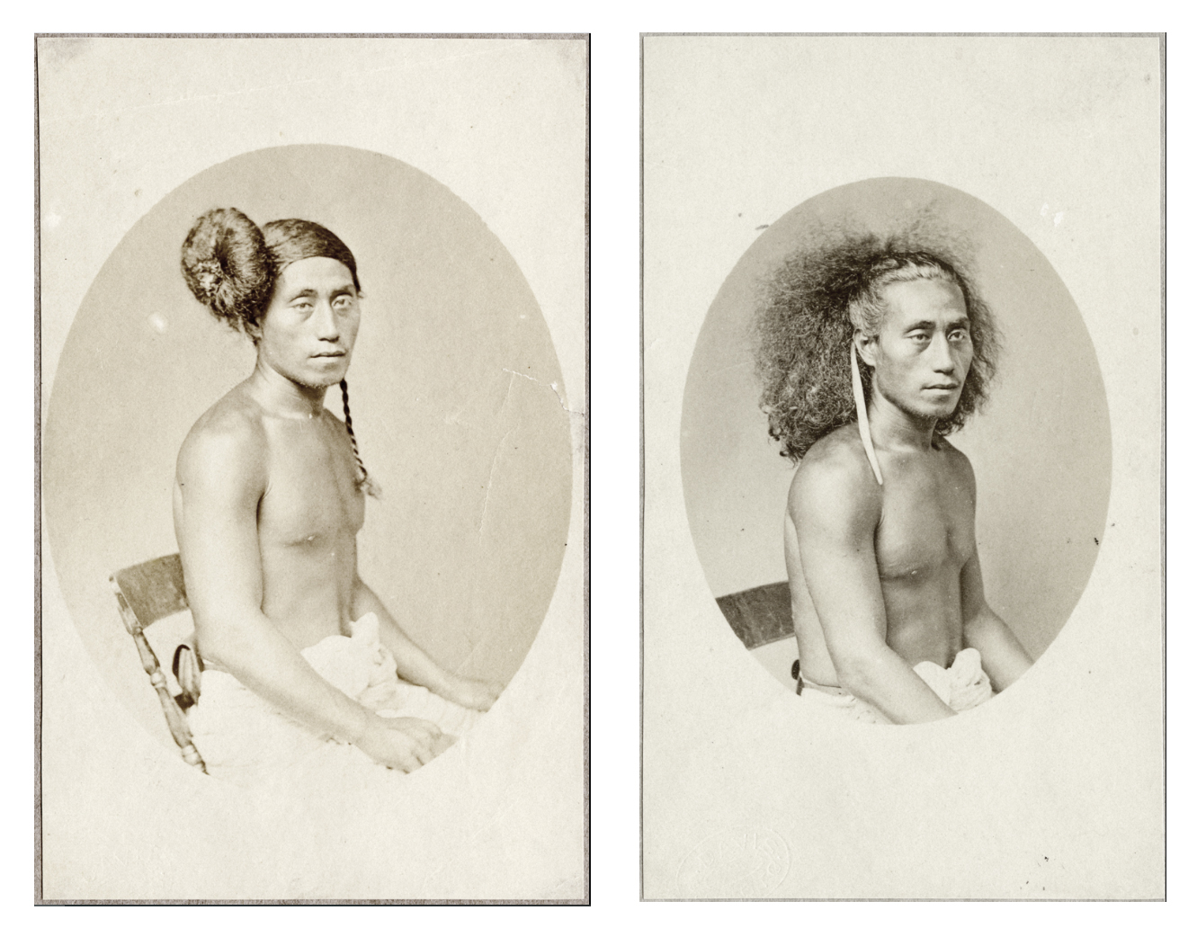 pair of black and white photographs showing a Samoan person posed with hair up and down