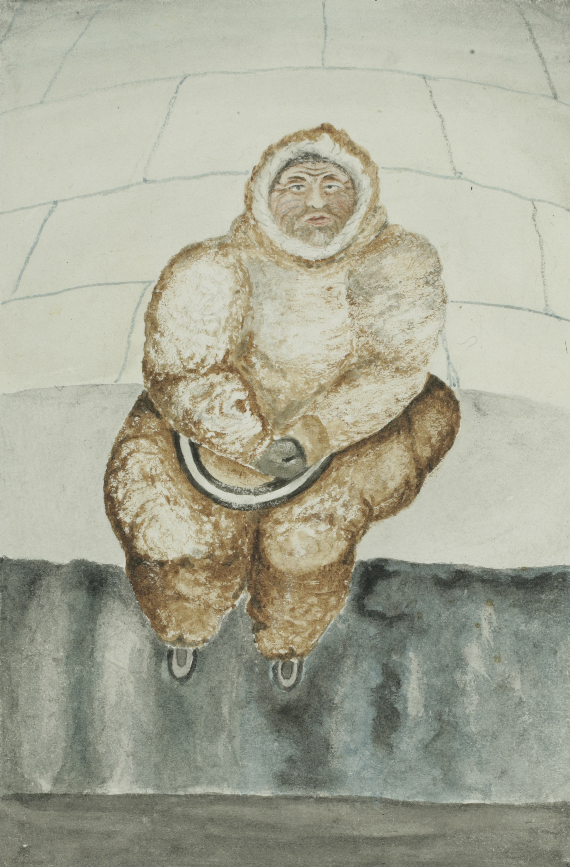 Kanguagiu is shown sitting by the wall, and is dressed in brown furs from head to foot. She looks out seriously from inside her fur hood, which reveals a hint of her gray hair. Her forehead is lined and her face is tattooed with blue lines. Her hands wear mittens and are clasped in her lap. The watercolour is amateur but evokes the thick fur of her clothes well.