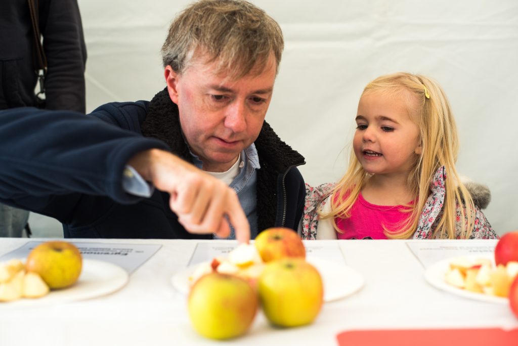 Man and little girl looking at apples