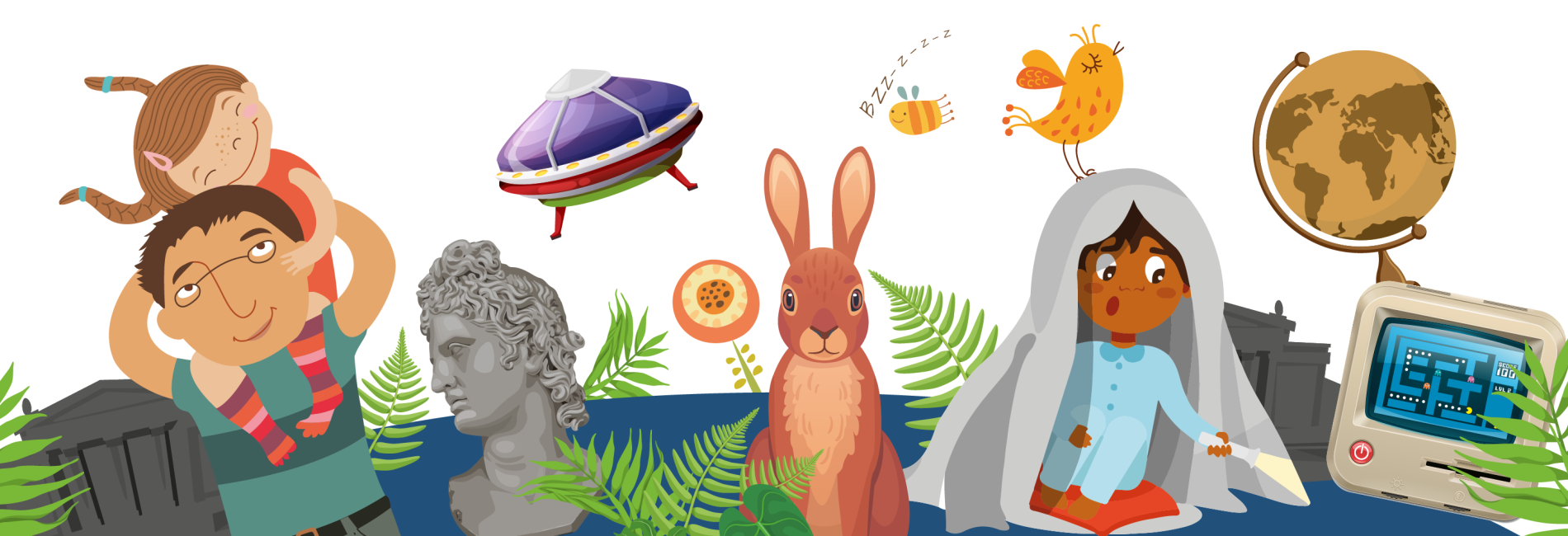 Images of a family with museum objects dotted around them