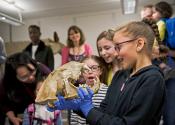 A school trip at the museum holding objects