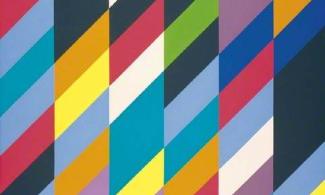  A colourful patterned painting called shadow play by artist Bridget Riley.