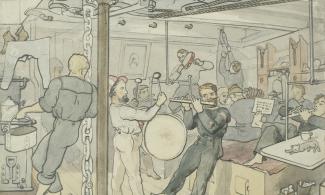 Painting of people playing music on board a ship
