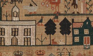 Sampler showing houses and trees