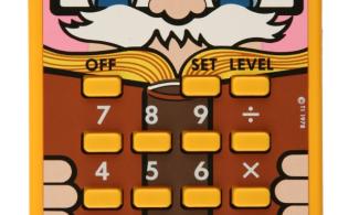 Calculator with a pair of eyes with glasses and a moustache at the top, hands at the sides